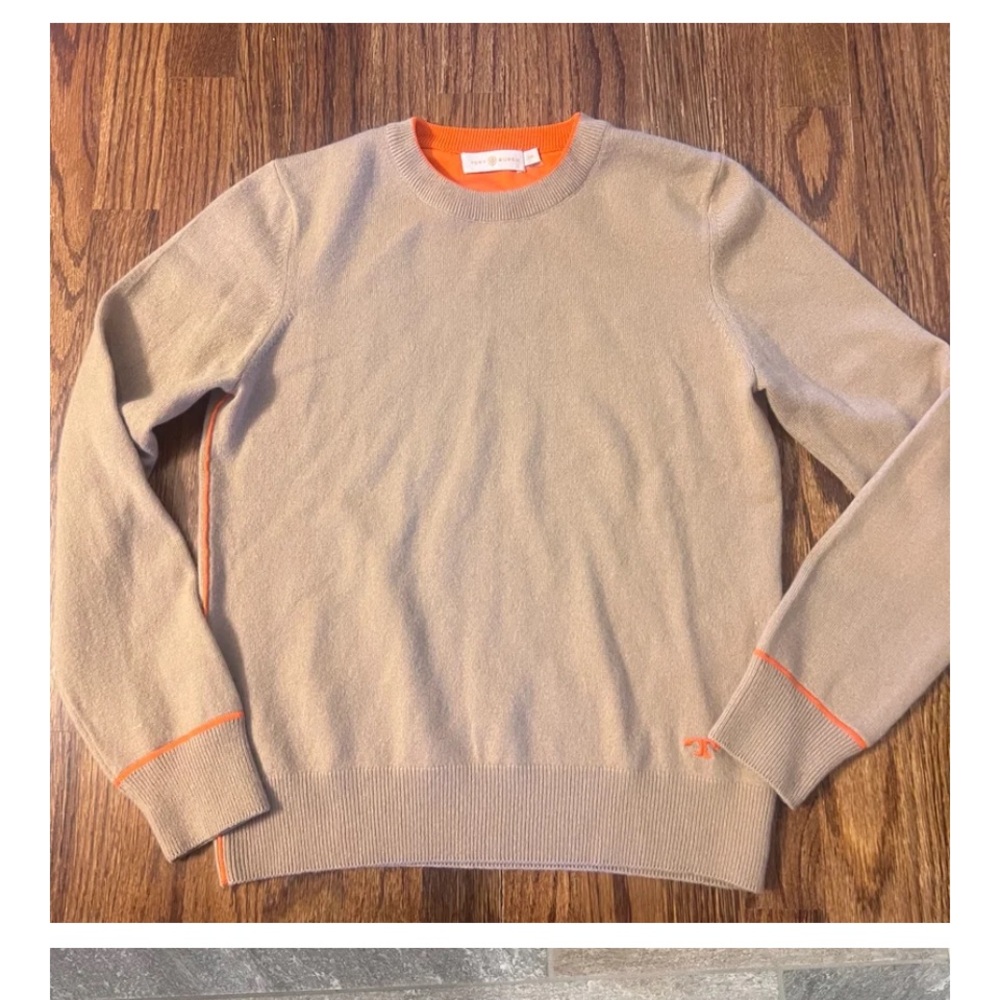 Women’s cashmere Tory Burch Beige Sweater with Orange Accents